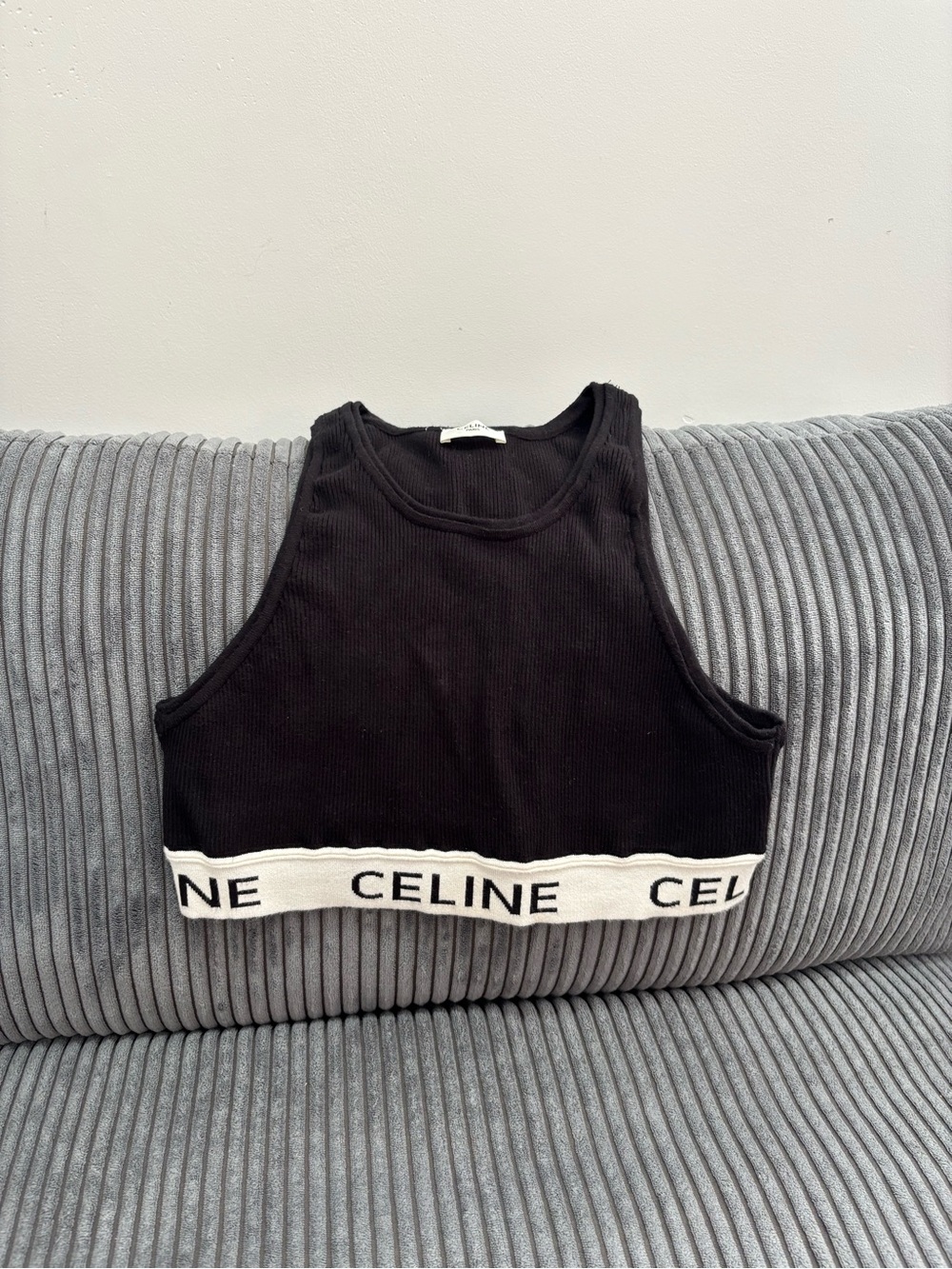 Celine Black Cropped Ribbed Logo Tank with White Band